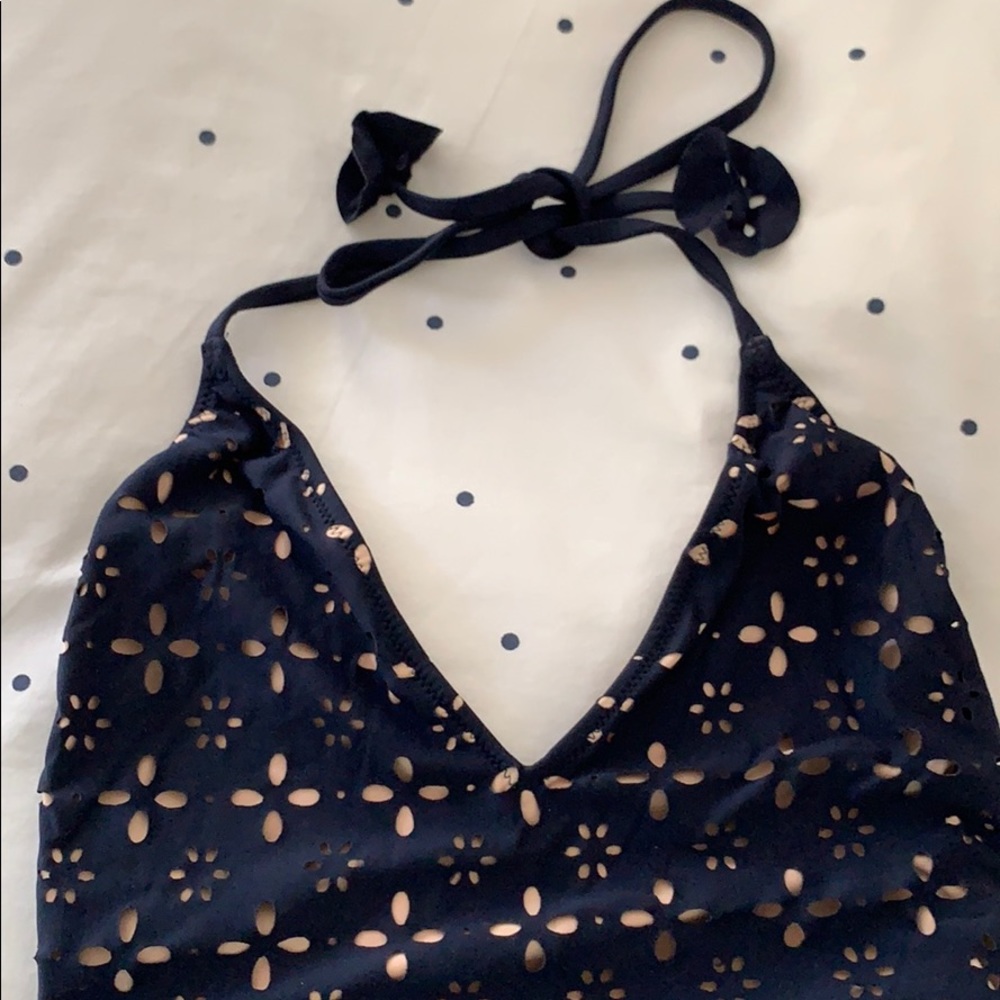 J. Crew Navy Eyelet Lasercut V-Neck Tie One Piece - Picture 6 of 8